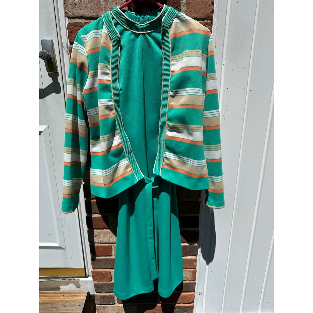 Vintage 70s Green Striped Dress and Jacket Set Mod Mock Neck Midi Belted 2pc